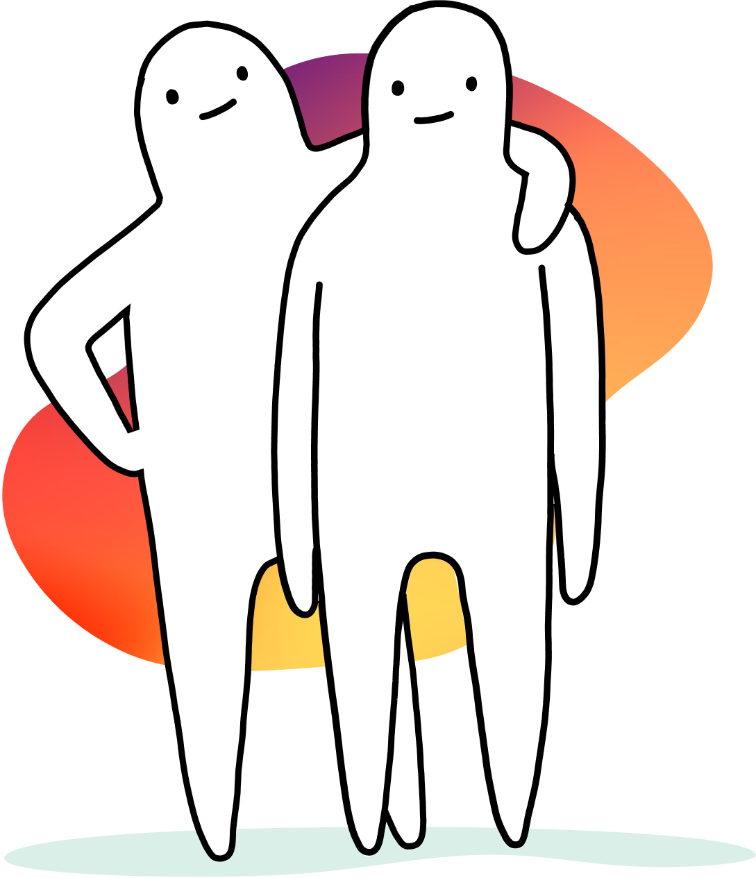 Two cartoon people who are friends; one has arm around the other.