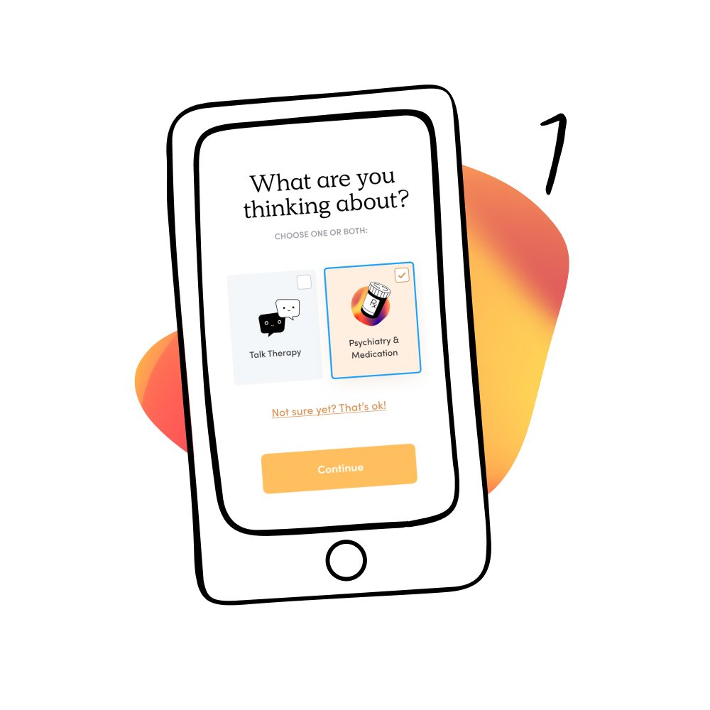 A cartoon phone showing the Mood website's page where you select what sort of service you want, on a gradient blob with the number 1 on top.