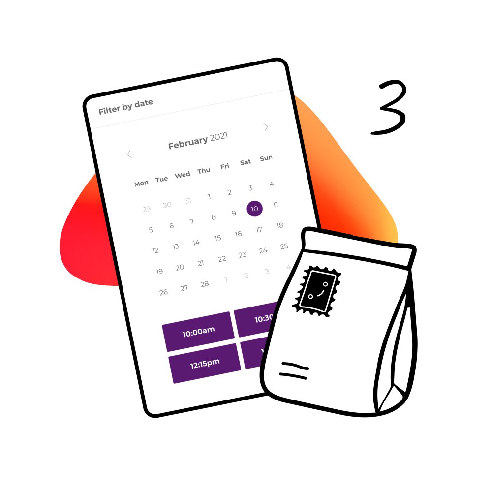 A calendar with an appointment chooser underneath a cartoon bag that has a mood face as the stamp on top of a gradient blob with the number 3 on top