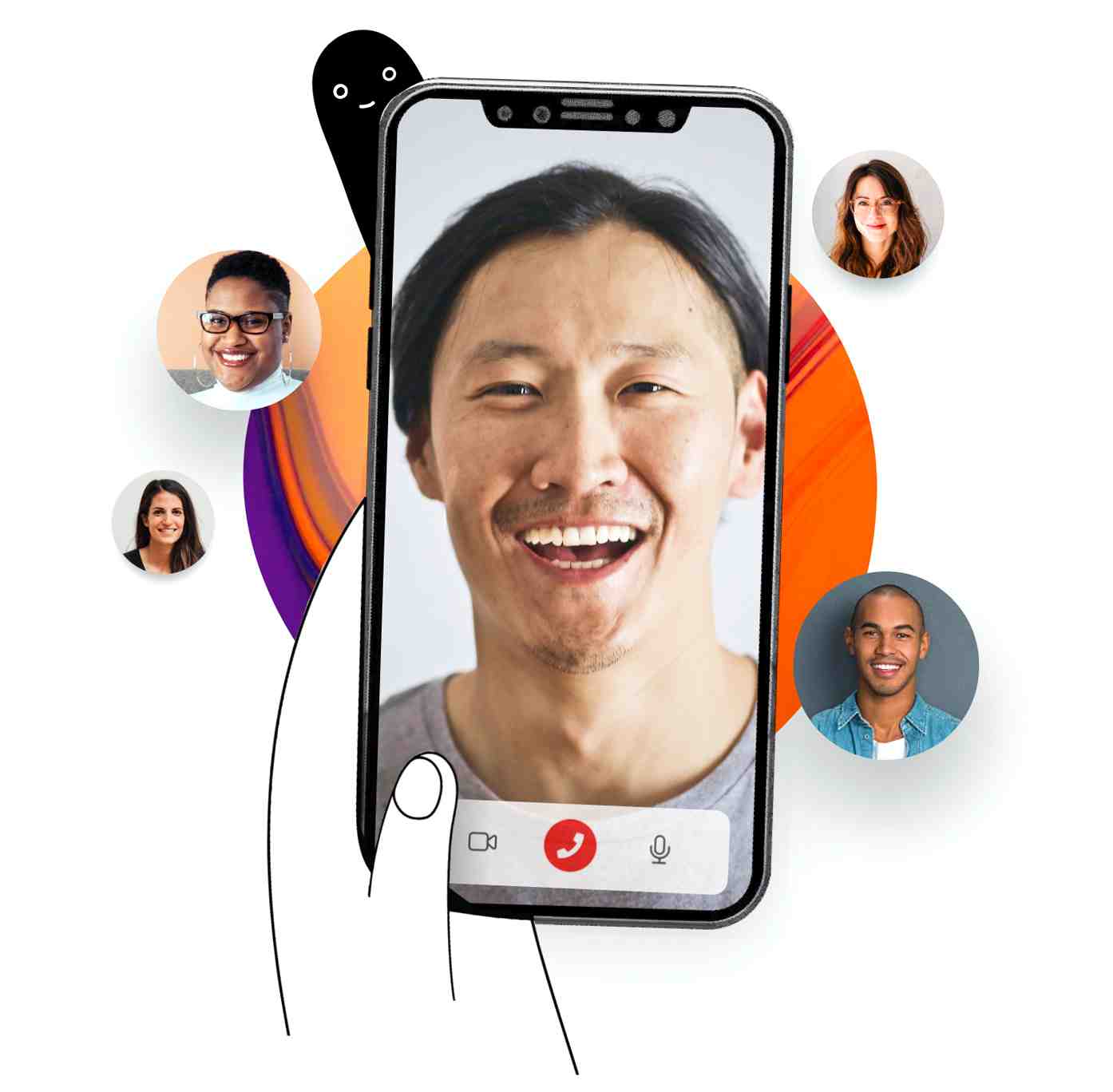 Clinician on a video call with other people around it in round bubbles