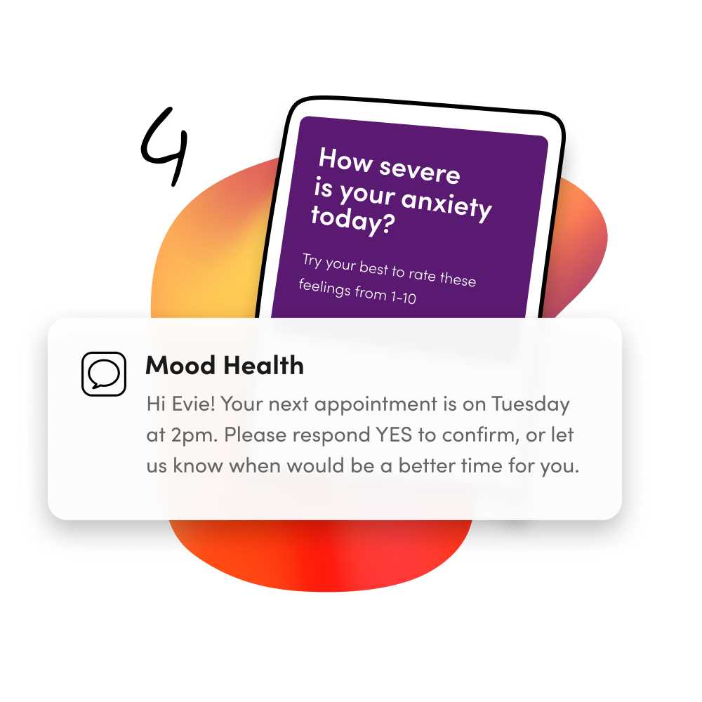 A text message appointment reminder on top of a mood check question on a gradient blob with the number 4 on it
