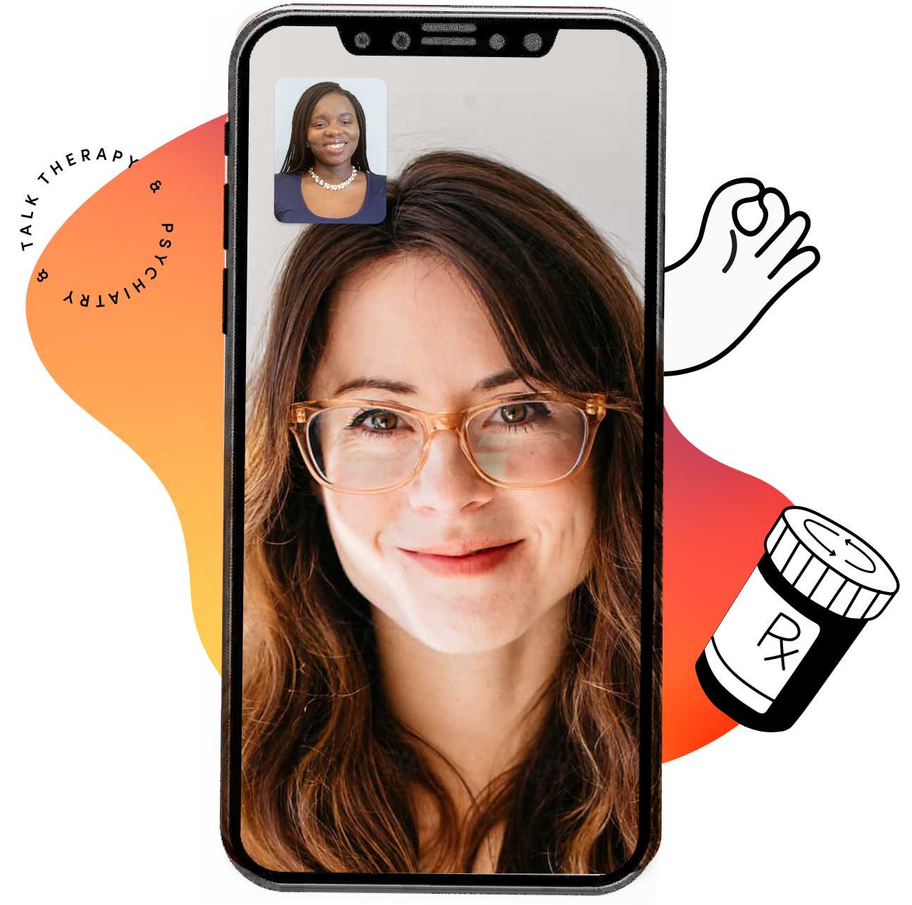 Person having video chat on iphone with clinician while cartoon hand gives the OK sign along with a cartoon pill bottle on gradient blob